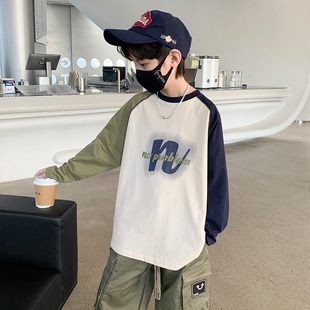 男童春装长袖拼色T恤2023新款大儿童春J秋打底衫宽松薄款洋气时髦