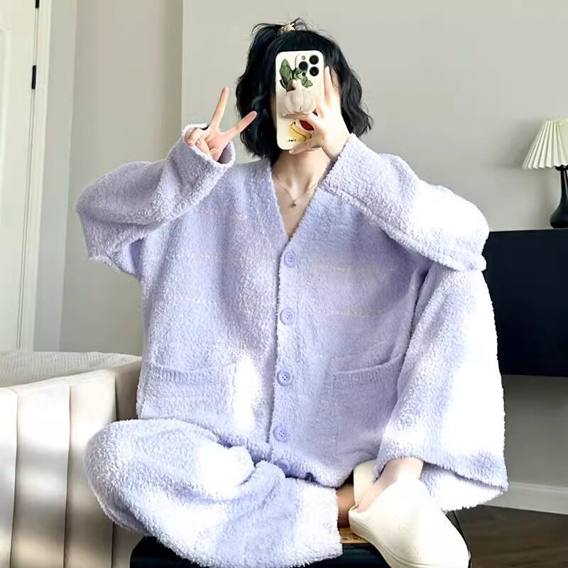 OJLUXURY~秋冬软绵绵条纹V领开衫睡衣女加厚珊瑚绒保暖休闲居家服怎么样,好用不?