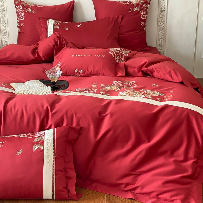 韩式婚庆高支高密长绒棉四件套浪漫花卉刺绣全棉结婚被套床上用品,床上用品,婚庆床品套件,淘宝优惠券,粉丝福利购,淘宝优惠卷