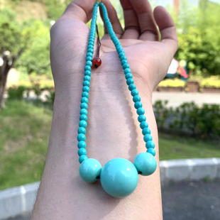 天然绿松石项链锁骨链圆珠塔链高瓷原矿民族风文玩饰Y品绿色蓝吊