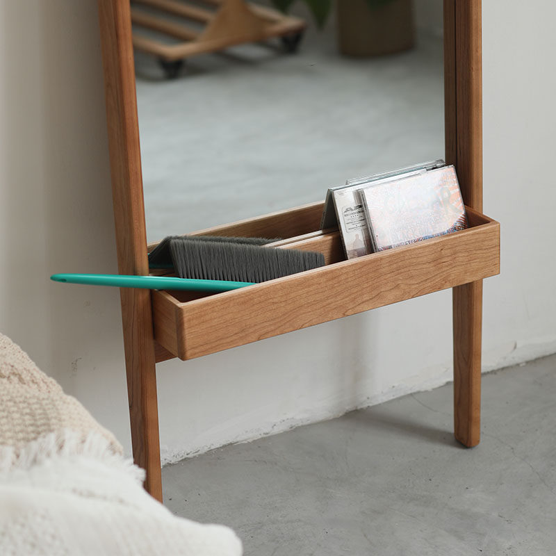 北欧日式b简约实木框落地穿衣镜黑胡桃樱桃木家用窄立体壁挂试衣