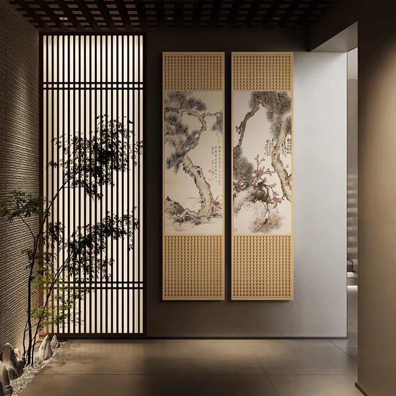 新中式入户玄关装饰画酒店走廊过道花鸟立体画茶室木雕长条挂画