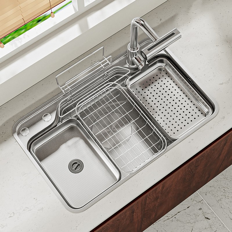 青菜家日式3D压纹大单槽304不锈钢厨房水槽飞雨洗菜盆洗碗盆家用