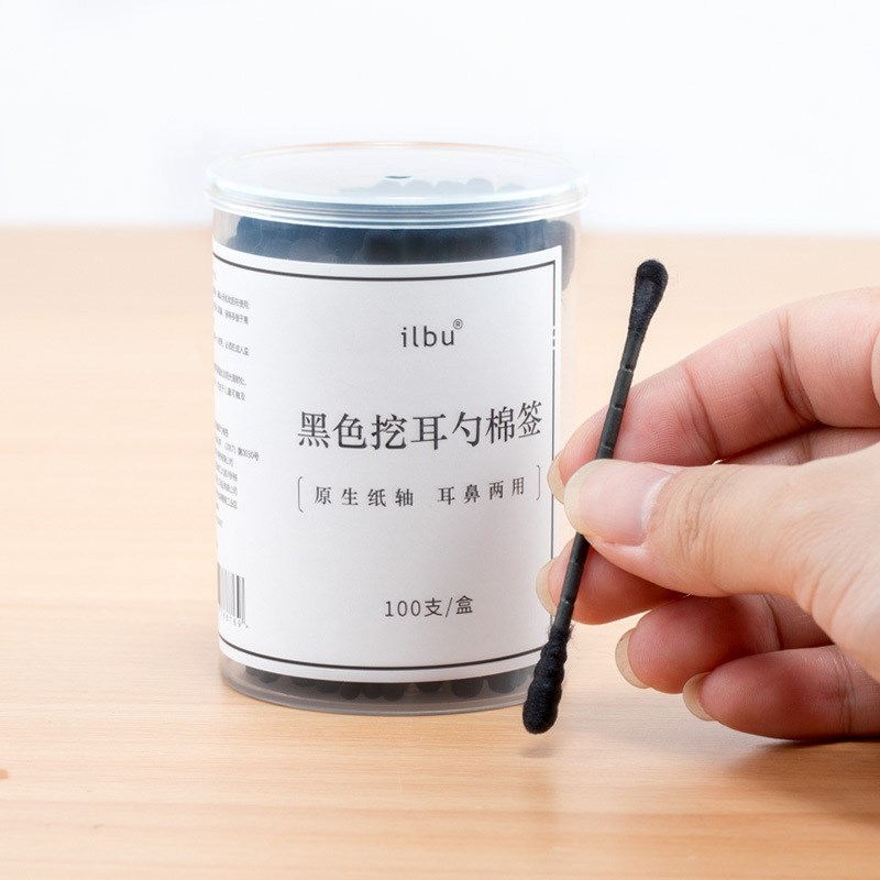 100支起 黑色耳勺棉签掏耳螺旋头挖耳朵棉棒双头棉棒盒装清洁家用