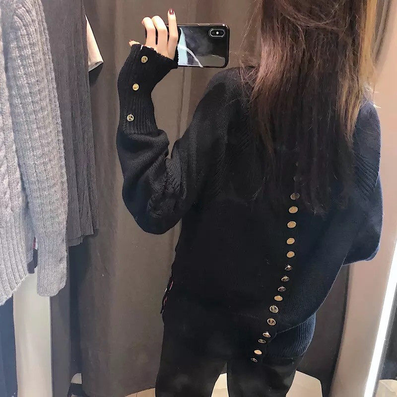 2021早春 复古个性后背铆钉纽扣针H织V领春秋款毛衣开衫女外套