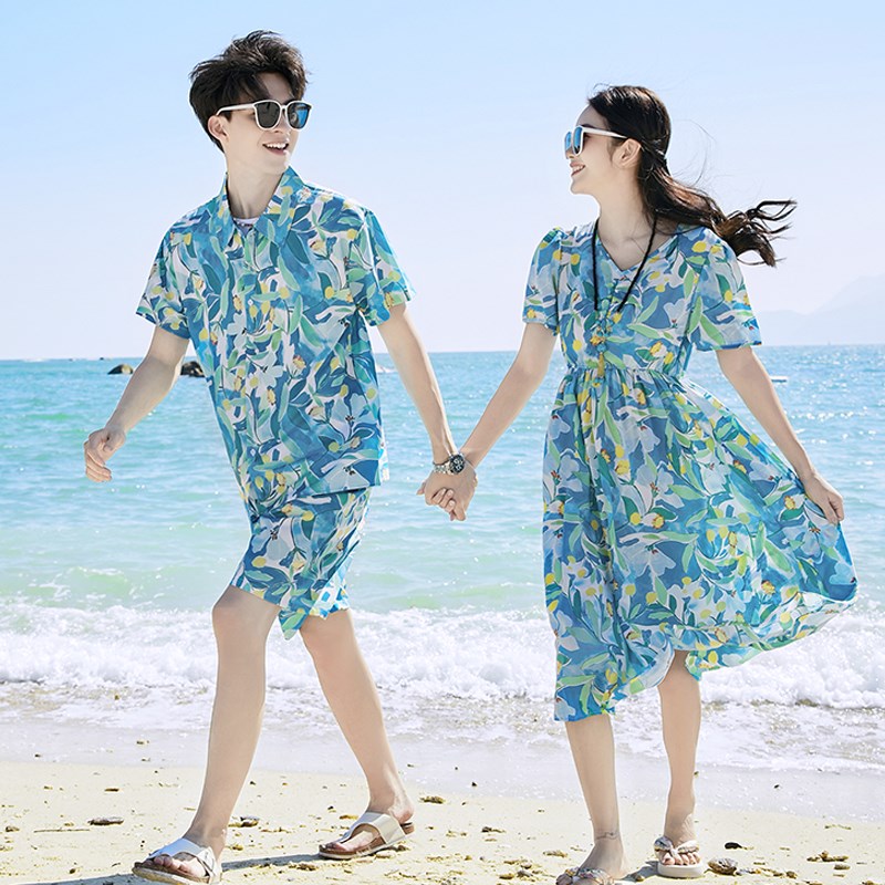 现货三亚度假亲子装一家三口四口海边沙滩花衬衫套装出游母女装连