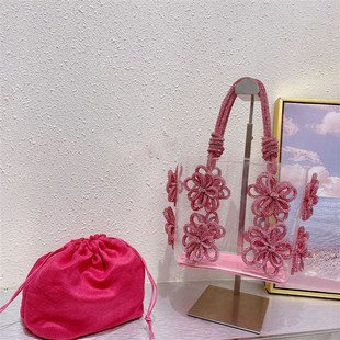 2023新品 仙女y包超閃水鉆花朵水桶菜籃子托特手提包 透明鑲鉆法式
