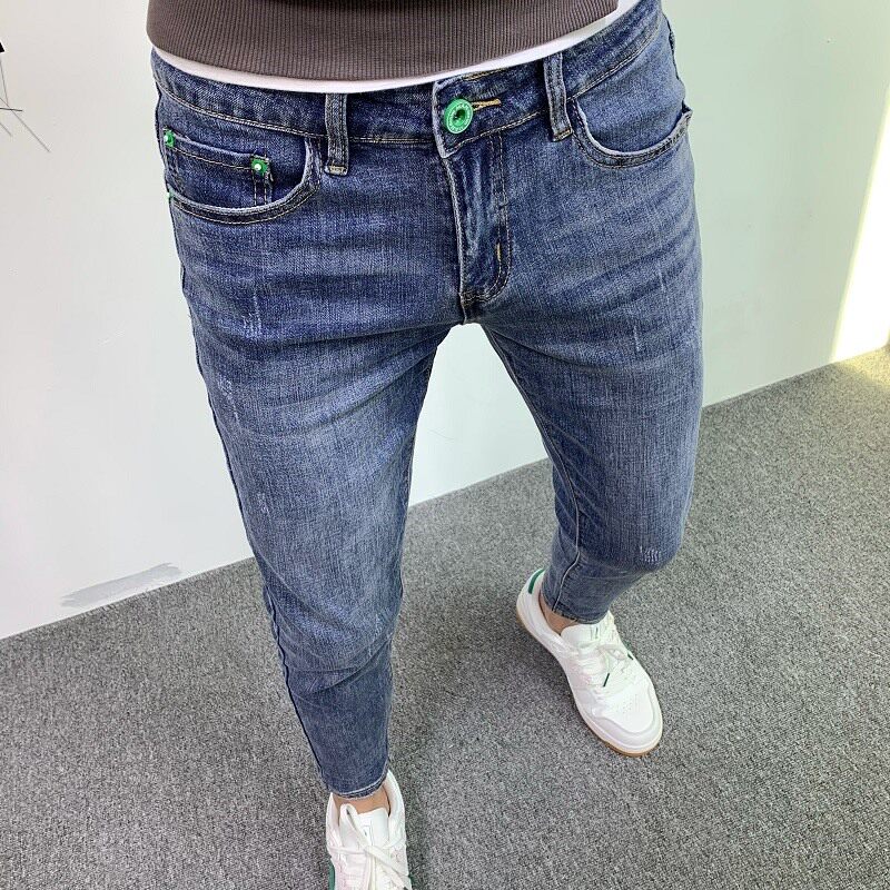 潮牌牛仔裤男春夏高端潮r流韩版弹力百搭休闲九分裤蓝色修身小脚