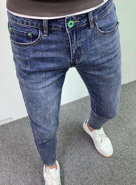 潮牌牛仔裤男春夏高端潮r流韩版弹力百搭休闲九分裤蓝色修身小脚
