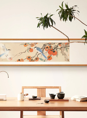 新中式横版花鸟画卧室床头装饰画客厅沙发壁画茶室书房原木风挂画
