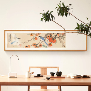 新中式横版花鸟画卧室床头装饰画客厅沙发壁画茶室书房原木风挂画