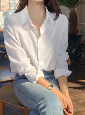 衬衫女上衣设计感小众2023夏季新款复古港风衬衣宽松棉麻白色纯棉