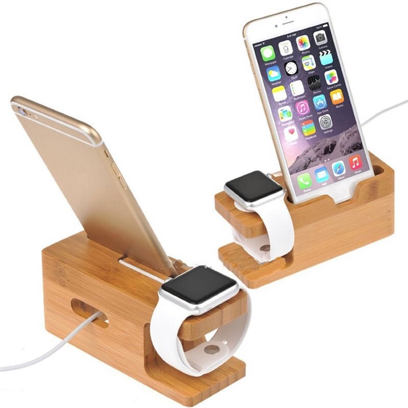 2 in 1 Bamboo Wood Desktop Stand for iPhone iPad Tablet Phon