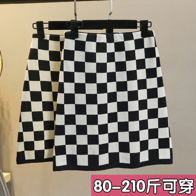 春秋冬半身裙女短款大码高腰格子包臀裙A字裙小个子针织短裙胖mm