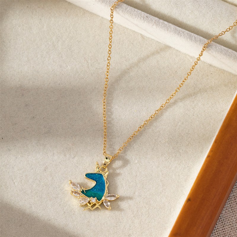 INS蓝色欧泊项链m吊坠麋鹿锁骨链动物坠饰欧美跨境滴油锆石饰品女