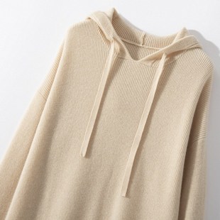 宽松针织连帽加厚打底衫 连衣裙子韩版 100%纯山羊绒衫 大克重中长款