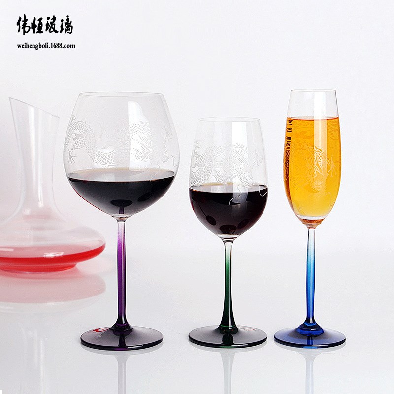 红酒杯烤花LOG磨砂工艺水晶高脚杯香槟杯喷色勃垦地酒杯打砂激光