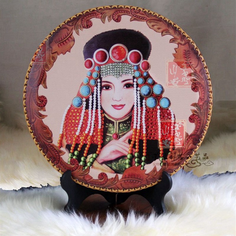 ZQ内蒙工艺品画圆形摆台成吉思汗皮画蒙古包民族特色装饰画客厅摆图片