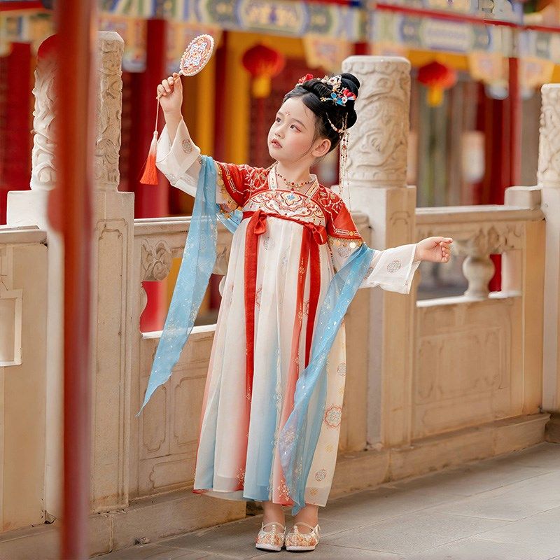 汉服女童春秋款2024新款小女孩古风超仙国风连衣裙儿童古装表演服
