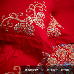 大红色靠垫枕套 60CM结婚床上用品婚庆 刺绣抱枕45 45一对60