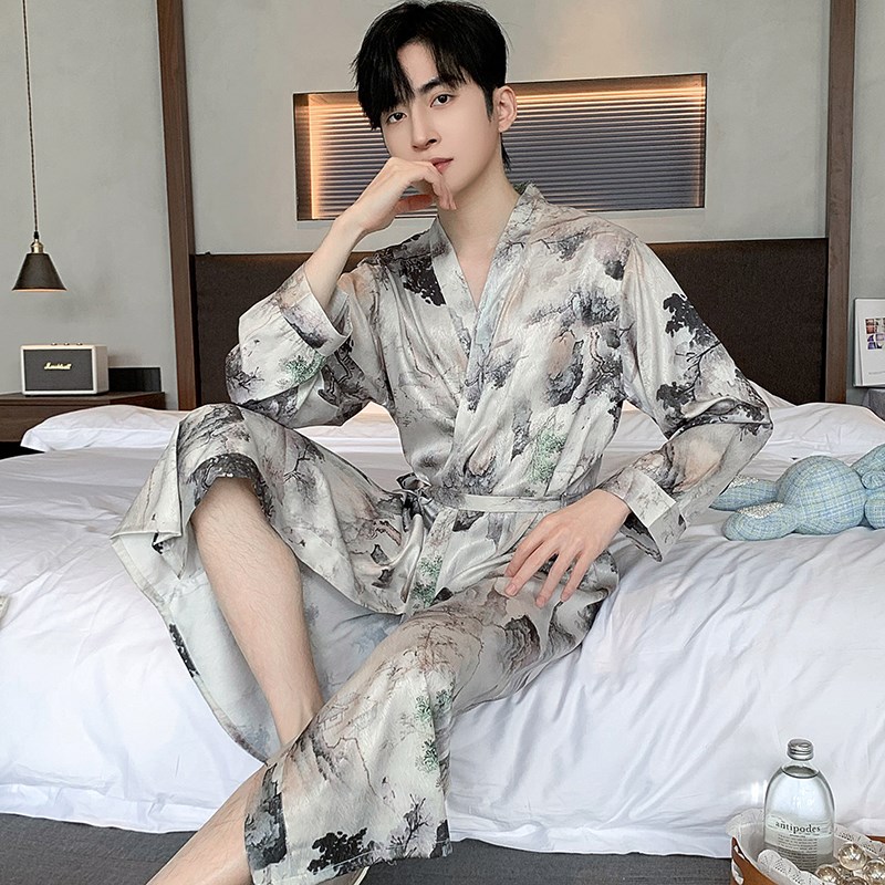 复古国风情侣睡衣春秋男款新款提花冰丝睡袍家居服套装浴袍夏季女