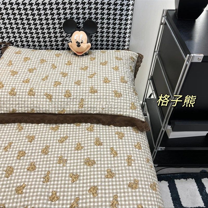 现货韩式全棉绗缝花边床盖三件套法式F花边碎花夹棉加厚双人炕盖