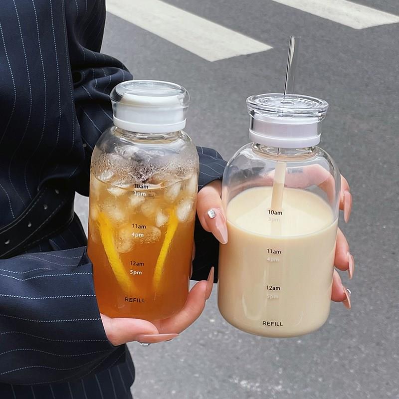管55365双盖玻璃水杯女生高简约杯子耐值高温带吸便携时间刻现货