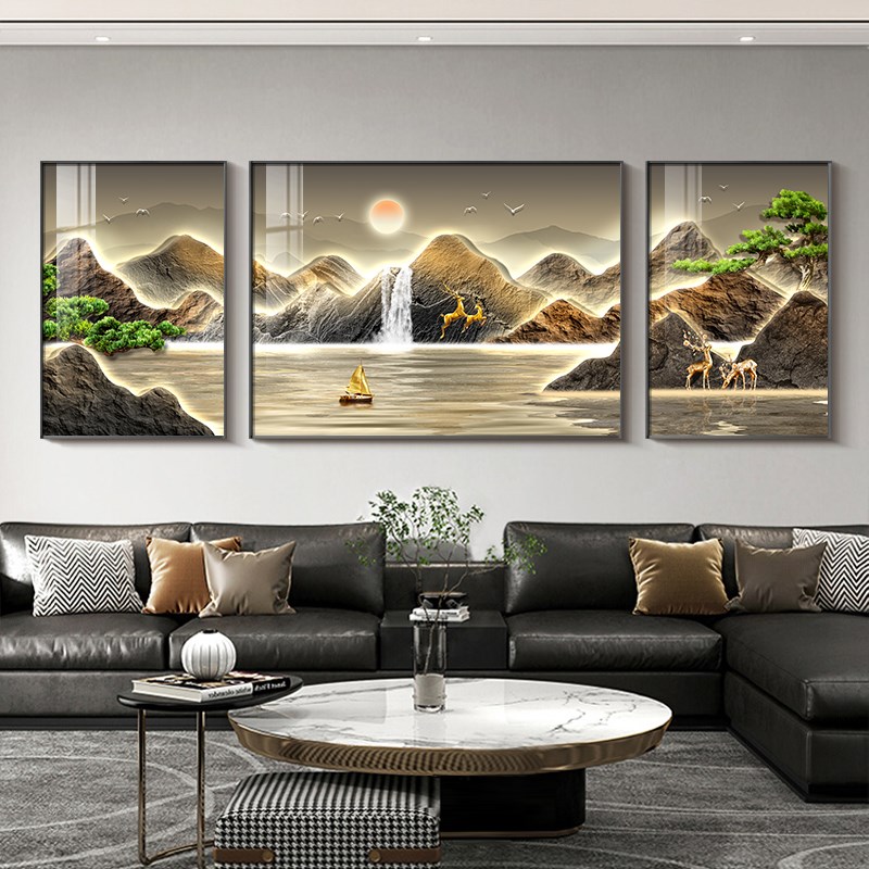 客厅装饰画寓意好山水画轻奢现代沙发背景墙挂画高级感大气三联画