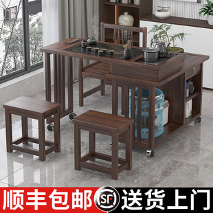 旋转茶桌阳台家用小茶车移动茶台实木茶桌椅组合茶几柜烧水壶一体