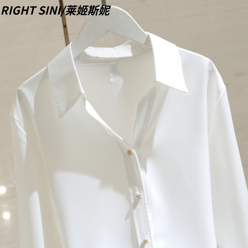 香港白色缎面衬衫女长袖2023秋季宽松显瘦M设计感V领垂感雪纺衬衫