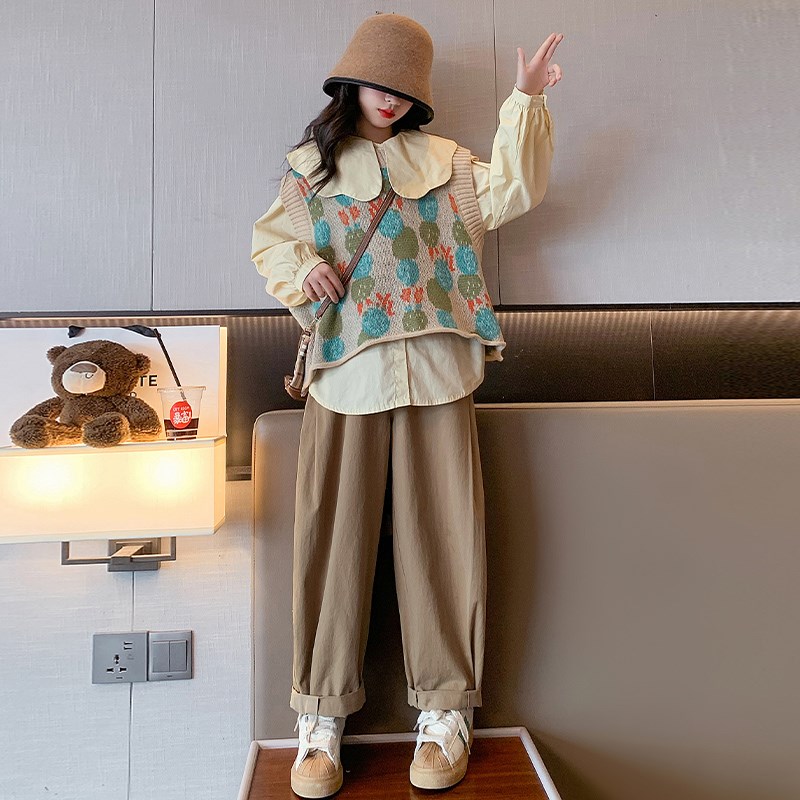 热销女童套装秋季2024新款洋气儿童衬衫女大童秋装毛衣马甲春秋三