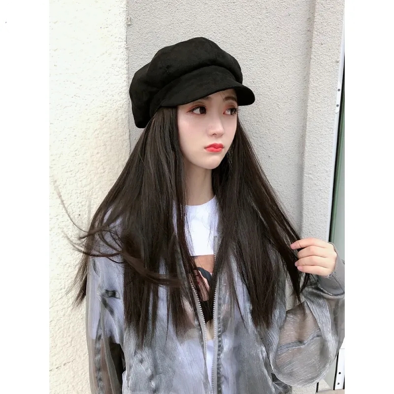 。秋冬贝雷帽假发一体带头发的帽子长发女款2023新款时尚可拆卸连