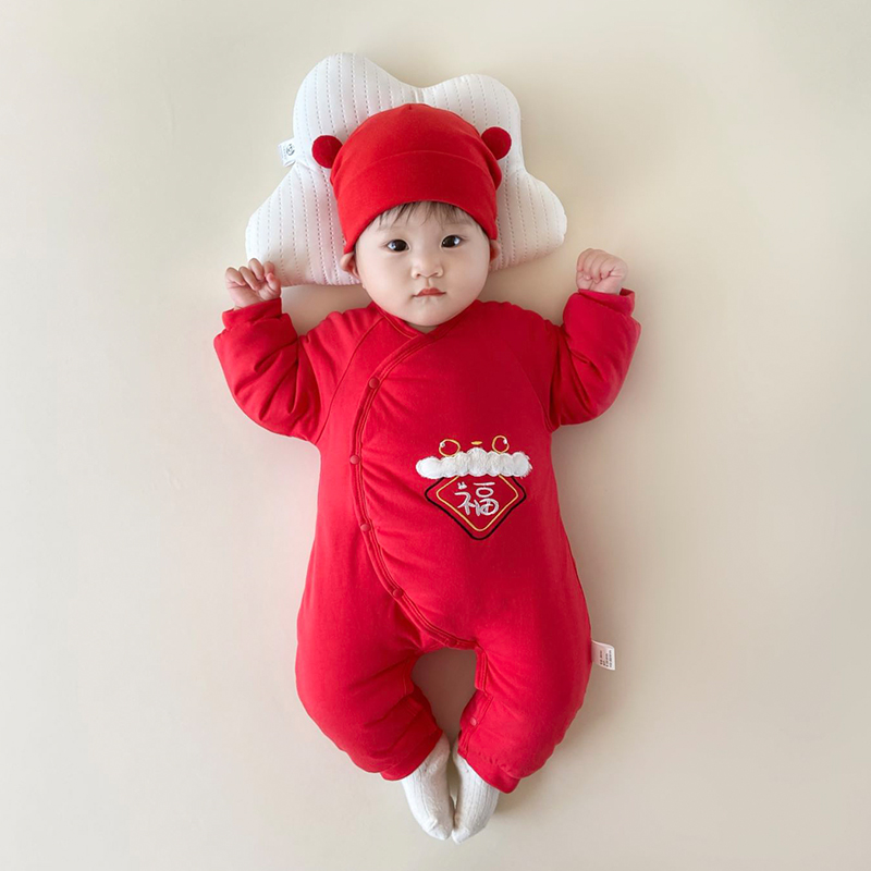 新生婴儿衣服过年喜庆冬季男女宝宝连体衣大红棉服婴儿百天拜年服