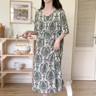 防凸点棉绸睡裙女夏短袖 宽松长裙子 绵绸妈妈睡衣人造棉连衣裙大码