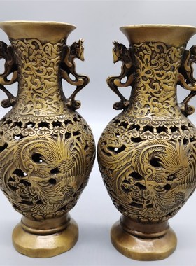 纯铜龙凤花瓶摆件家居装饰龙凤呈祥花瓶客厅Q办公室装饰工艺品