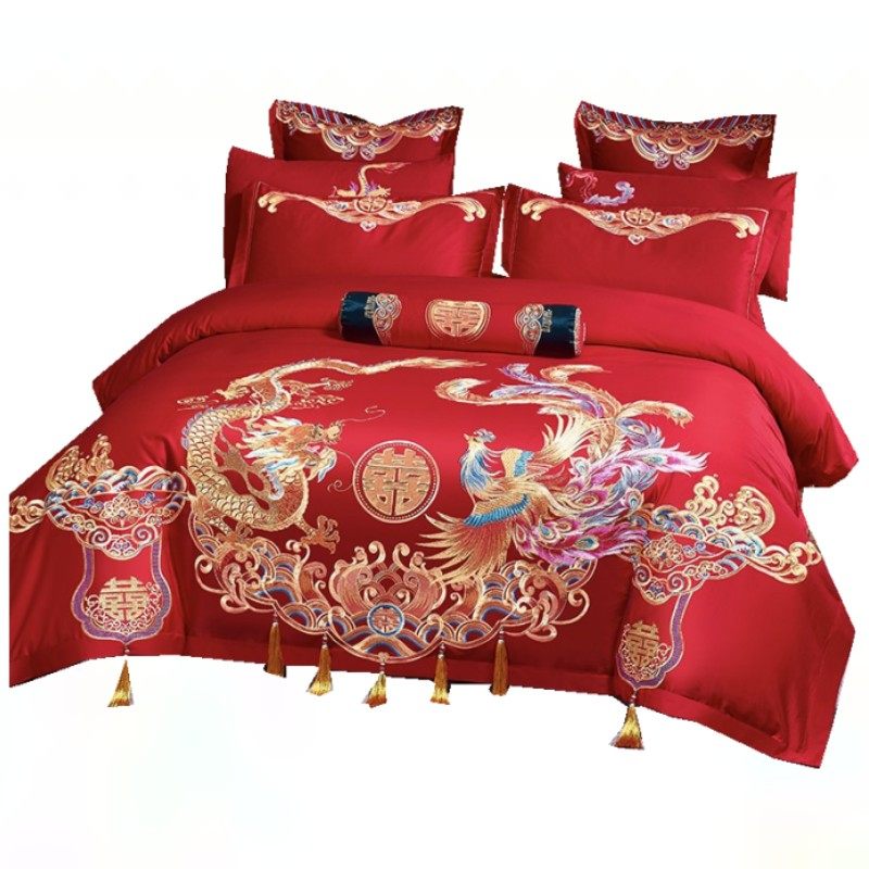 120支长绒棉婚庆四件套大红全棉刺绣龙凤结婚喜庆被床单床上用品4,床上用品,婚庆床品套件,淘宝优惠券,粉丝福利购,淘宝优惠卷