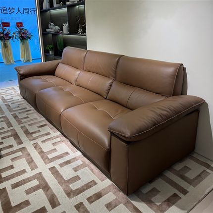 现代简约头层牛皮真皮沙发直排客厅四人位咖色2米9意式极简沙发