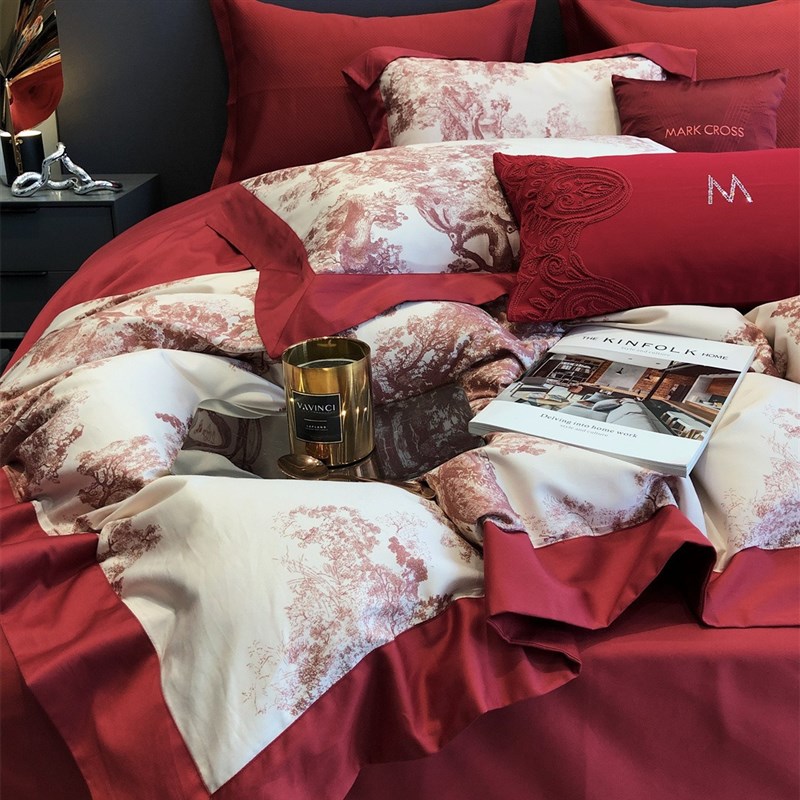 现代风婚庆大红纯棉长绒棉四件套高端床垫结婚喜庆X床上用品家纺
