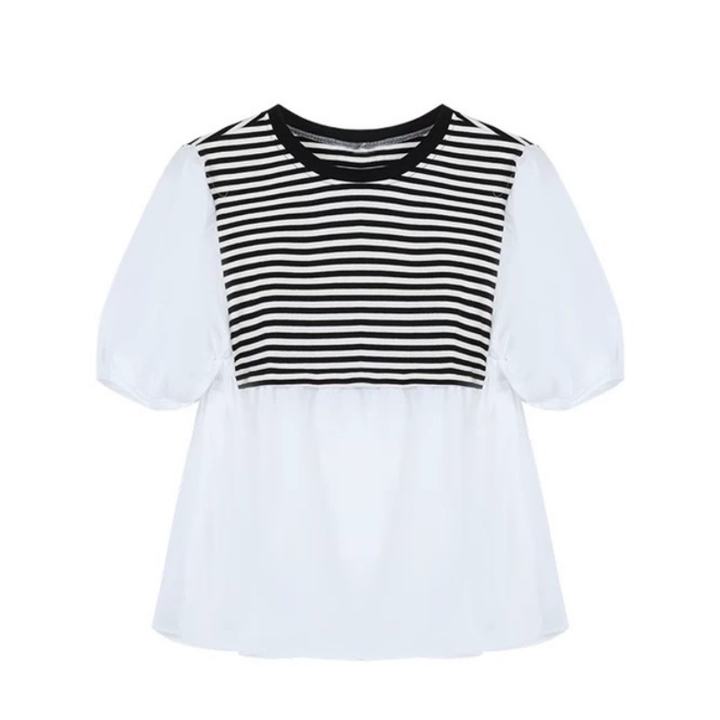 哺乳上衣夏季辣妈款外出宽松休闲减龄条纹拼接喂T奶衣服夏装产后