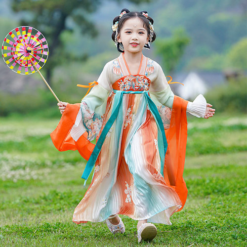 新品汉服女款儿童唐装长袖古装襦裙2023秋季中国风V女宝公主超仙