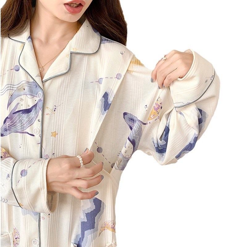 哺乳睡裙女韩版春秋季纯棉长袖月子裙孕待产款喂奶连体睡衣家居服