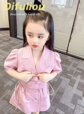 女童薄款洋c气收腰公主裙2021夏款女宝宝白色泡泡袖西装连衣裙子