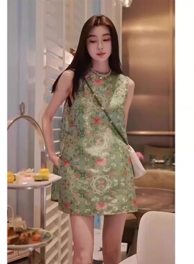 欧洲站夏季新中式国风高级感改良旗袍裙气质无袖绿色碎花连衣裙女