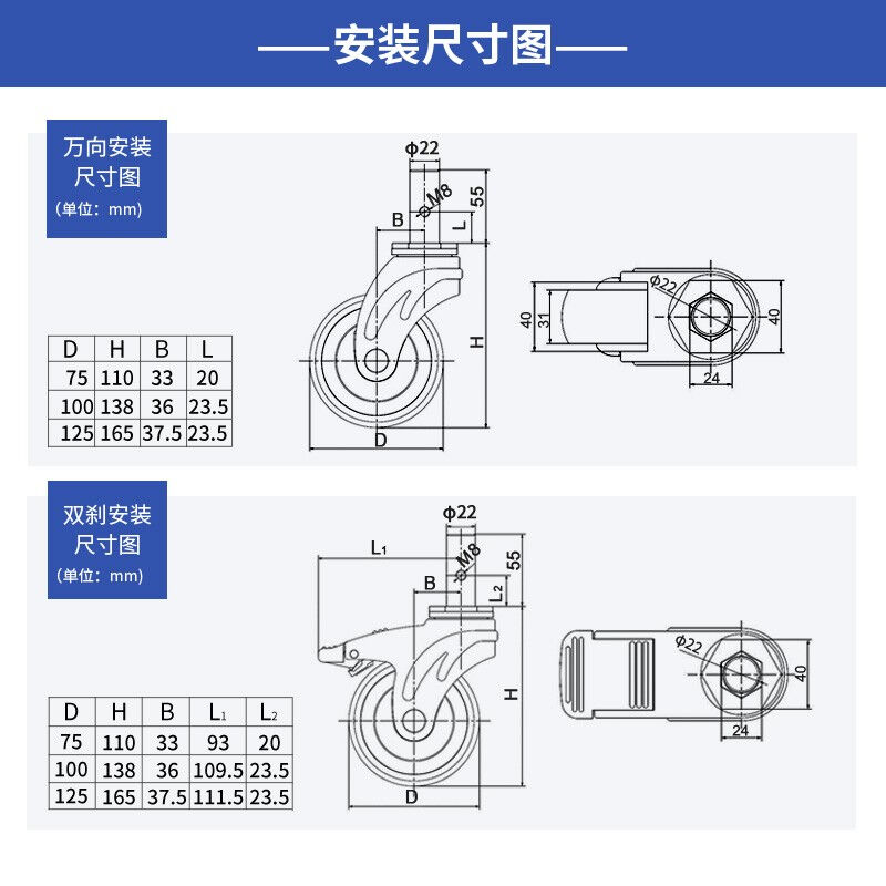 推荐易得力脚轮全塑医疗3寸4寸5寸插杆万向煞车人造胶TPR脚轮K57-