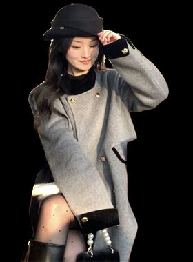 大码女装2024冬季胖mm韩版宽松气质高级感撞色双排扣呢料大衣外套