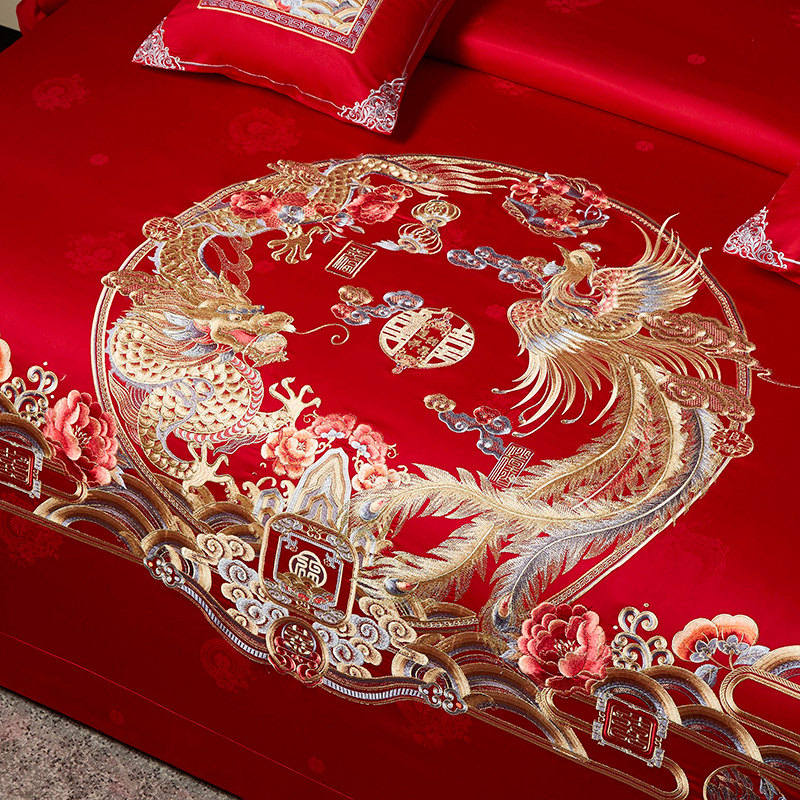 100支全棉婚庆四件套大红刺绣花龙凤结婚六十件套床上用品喜被套,床上用品,婚庆床品套件,淘宝优惠券,粉丝福利购,淘宝优惠卷