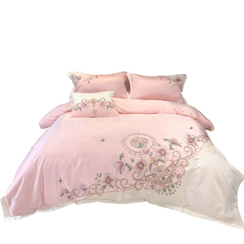 欧式高档全棉结婚四件套田园风刺绣真丝被套双人纯棉床单床上用品