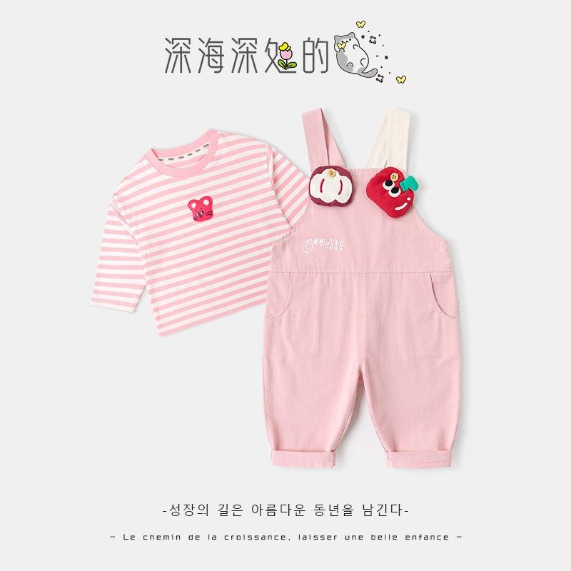 春夏薄款百搭长袖洋气T恤可爱宽松牛仔背带裤男女宝儿童套装