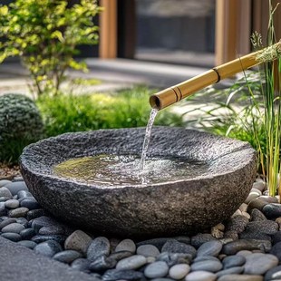 天然石雕黑山石水钵庭院流水景观日式喷泉造景石盆户外园林流水池
