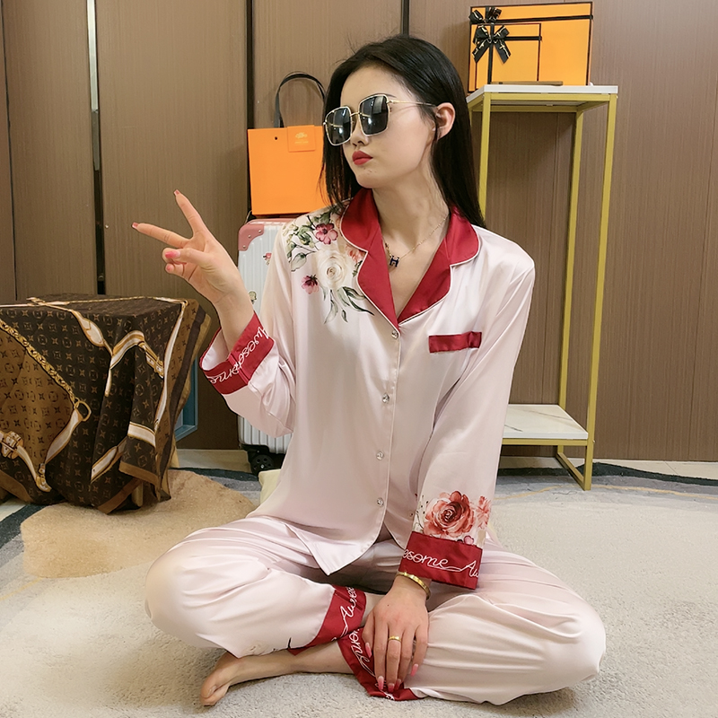 夏季睡衣女2022年新款春秋长袖高级感冰丝N家居服套装妈妈款可外